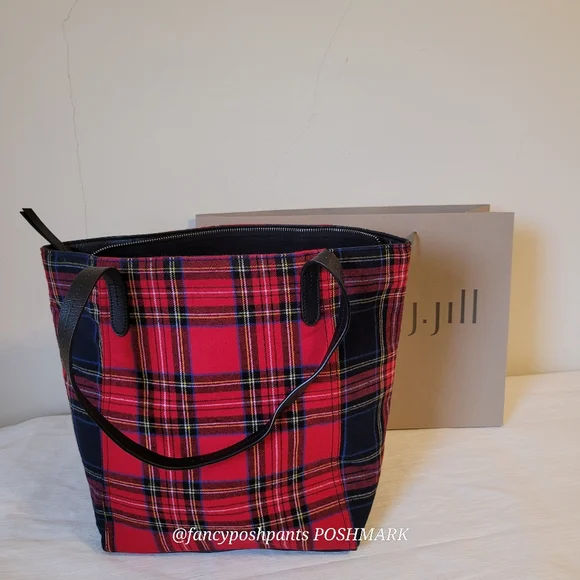 ❤J JILL real LEATHER trim 100% cotton plaid NWOTzipper, interior pocket tote bag - Picture 3 of 16